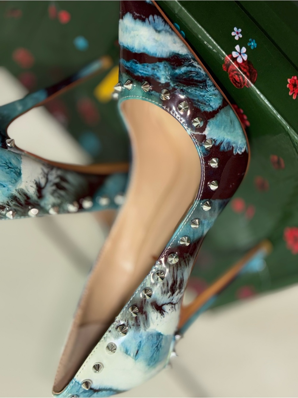 F5J Marble-Print Pointed Toe Pumps with Silver Studs in Blue & Burgundy